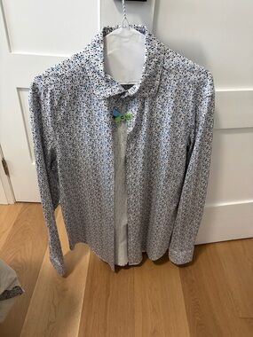 Bugatchi Lightweight Printed Button-Up Shirt in White and Blue